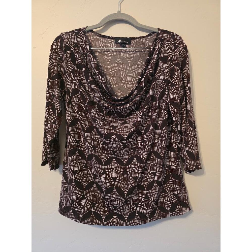AB Studio Brown Geometric Dot Print Cowl Neck Top Medium Career Stretch Blouse